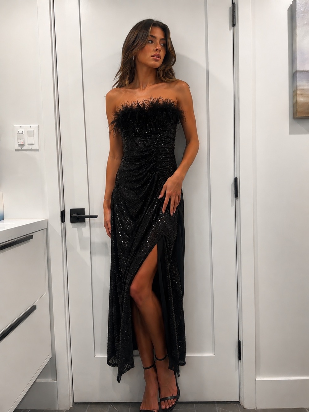 LaDivine Sequin Elegant Black Feather-Trim Sparkle Evening Dress with Corset - S
